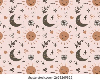Seamless boho-style vector pattern featuring hand-drawn sun and moon faces, hearts, flowers, and abstract doodles. Ideal for textile design, wallpapers, kids' products, and stationery.