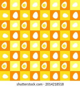 Seamless boiled egg in checkered pattern. Food cartoon background. Illustration abstract flat art design. Vector EPS10.