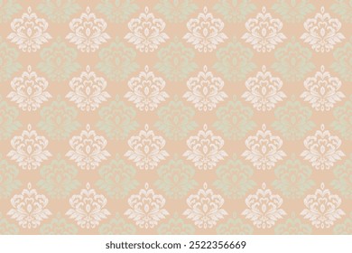 Seamless bold beige colored floral arabesque pattern in damask style motifs suitable for wallpaper, clothing, curtain, tiles and fabric design isolated background. Files illustration vector eps.