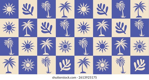 Seamless Bold Blue and Beige Tropical Pattern with Palm Trees and Sun Icons