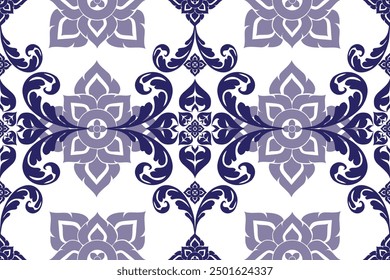 Seamless bold blue colored floral arabesque pattern in damask Thai traditional style suitable for wallpaper, tiles, fabric, clothing, curtain, design for isolated over white colored background.