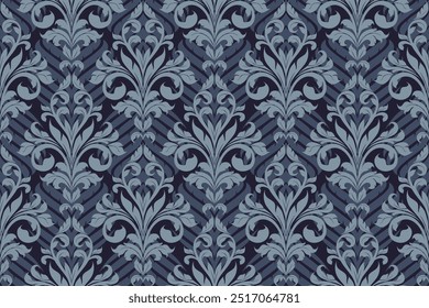 Seamless bold blue colored floral arabesque pattern in damask style motifs suitable for wallpaper, clothing, curtain, fabric and textiles design isolated over navy colored background.Find vector EPS.