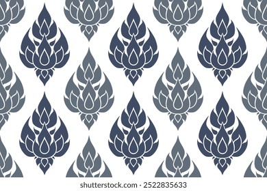 Seamless bold blue colored traditional Thai art floral pattern in damask style motifs suitable for wallpaper, curtain, clothing, textiles and fabric design isolated over white background.