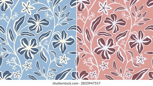 Seamless bold botanical vine pattern in two colorways. Graphic block print style floral silhouettes with high-contrast outlines featuring blue and terracotta pink palettes. Modern continuous vector illustration for apparel, textile, and wallpaper.
