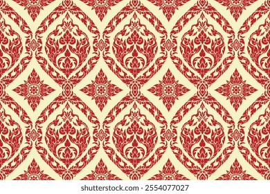 Seamless bold brown colored traditional Thai art floral pattern in damask style motifs suitable for wallpaper, curtain, cloth, blanket, tile and fabric design isolated illustration archive EPS file.