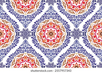 Seamless bold colorful floral arabesque pattern in damask style motifs suitable for wallpaper, curtain, cloth, tiles, blanket and fabric design isolated illustration vector archive EPS files.