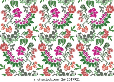 Seamless bold colorful floral pattern in damask style motifs suitable for wallpaper, textile, tile, clothing, curtain and fabric design isolated illustration vector archive EPS file.