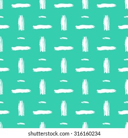 Seamless bold cross hatch pattern with wide brushstrokes and thin curling stripes hand painted in bright multiple variety of colors for fall winter retro fashion Vector print in aqua green and white