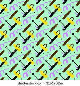Seamless bold cross hatch pattern with wide brushstrokes and thin curling stripes hand painted in bright multiple variety of color for fall winter retro fashion. Vector print in green, yellow, black