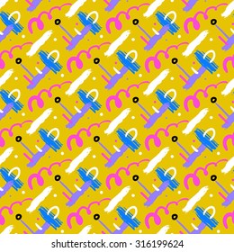 Seamless bold cross hatch pattern with wide brushstrokes and thin curling stripes hand painted in bright multiple variety of colors for fall winter retro fashion. Vector print in gold, pink, blue