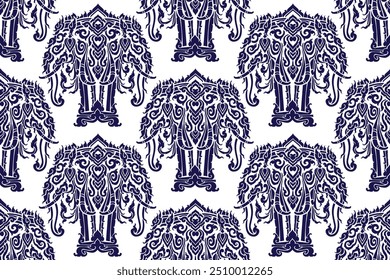 Seamless bold dark blue colored tradition elephant Thai art pattern in damask style motifs suitable for curtain, wallpaper, clothing, tiles, and fabric design for isolated over white background.