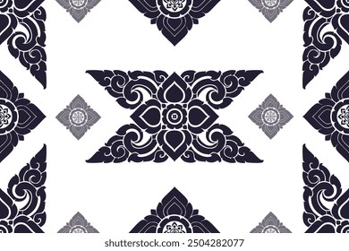 Seamless bold dark blue floral arabesque pattern in damask traditional Thai style motifs wallpaper, tiles, clothing, and fabric design for decor home, curtain, blanket.