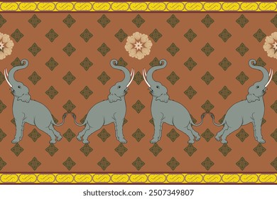 Seamless bold elephant and floral pattern in traditional Thai damask style motifs suitable for print wrapping cover wallpaper, tiles, fabric, clothing, curtain. It’s a vector image.