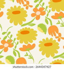 Seamless bold floral pattern with groovy naive stylized flowers for wallpaper, digital paper