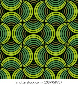 Seamless Bold Green Brown Abstract Structured Striped Petals Black Background Vector Pattern
