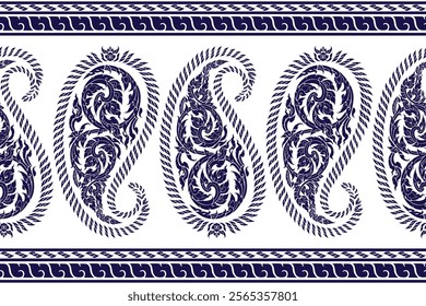 Seamless bold indigo colored traditional Thai art delicate floral pattern in damask style motifs suitable for wallpaper, curtain, clothing, textiles, tiles, blanket and fabric design isolated.