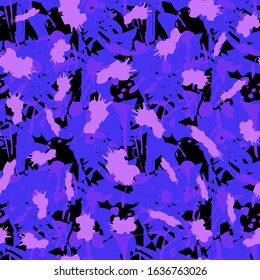Seamless bold pattern of abstract purple pink splashes on a black background camouflage style for sports fashionable clothes vector illustration