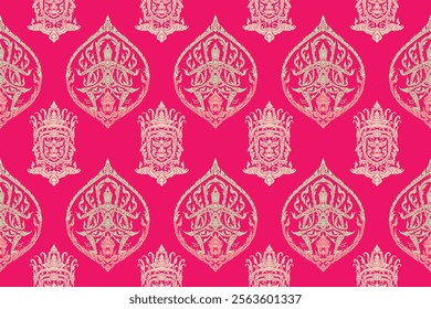 Seamless bold traditional Thai art white colored delicate pattern motifs suitable for wallpaper, curtain, blanket, cloth, tiles and fabric design isolated over pink colored background. Files EPS.