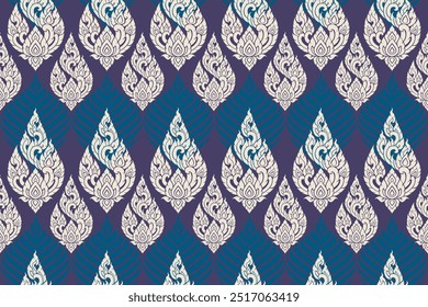 Seamless bold transition Thai art pattern in damask style motifs suitable for wallpaper, clothing, tiles, curtains and fabric design isolated over navy background.Find vector in archive EPS.