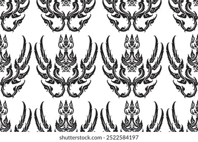 Seamless bold transition Thai art ideal swan black colored floral pattern in damask style motifs suitable for wallpaper, curtain, clothing, textiles and fabric design isolated over white background.