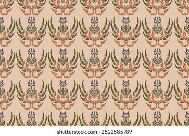 Seamless bold transition Thai art ideal swan colorful floral pattern in damask style motifs suitable for wallpaper, curtain, clothing, textiles and fabric design isolated over beige background.