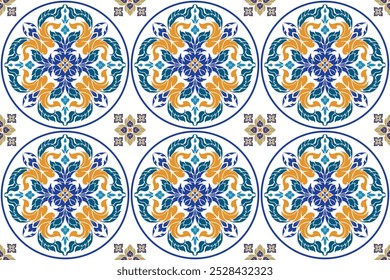 Seamless bold transition Thai art colorful floral pattern in damask style motifs suitable for tiles, wallpaper, clothing, curtain and fabric design isolated images illustration vector archive EPS file