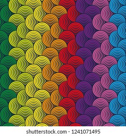 Seamless Bold Vertical Nine Colors Diagonal Abstract Petals Deep Blue Background Vector Pattern