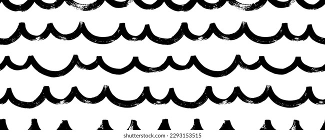 Seamless bold wave pattern. Hand drawn banner design with sea, rivers or water texture. Horizontal curved brush strokes vector background. Grunge rough thick waves. Abstract geometric banner.