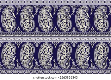 Seamless bold white colored floral traditional Thai art pattern in damask style motifs suitable for wallpaper, curtain, clothing, tiles and fabric design isolated navy background. Archive EPS file.