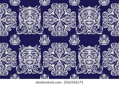 Seamless bold white colored traditional Thai art floral delicate pattern in damask style motifs suitable for wallpaper, curtain, clothing, textiles, tiles, blanket and fabric design isolated.