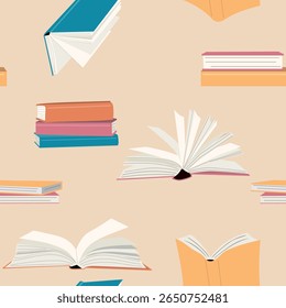 Seamless book background. Open books and stacks. Hand drawn back to school knowledge concept	