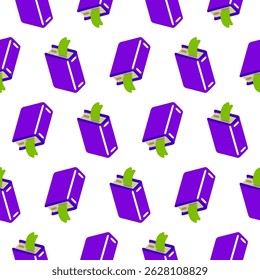 Seamless Book with Bookmark Pattern. Seamless pattern with purple books and green bookmarks in flat cartoon style, fun and minimal reading-themed design.