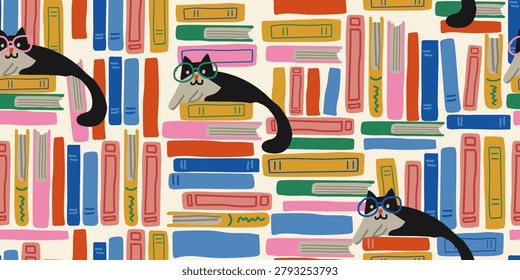 Seamless book and cat pattern with colorful stacks of books and a cute smart cat wearing glasses on a soft sandy beige background, cozy reading themed repeat design for book lovers, libraries, classrooms, fabric, wallpaper, wrapping paper, and educational decor