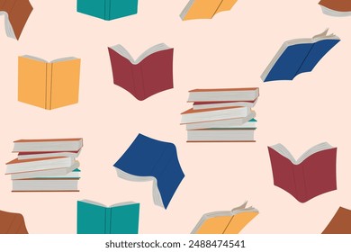 Seamless book horizontal background. Open books flying. Hand drawn back to school knowledge concept