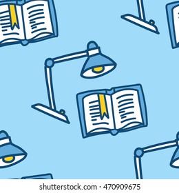Seamless book pattern with lamp. Vector blue school illustration