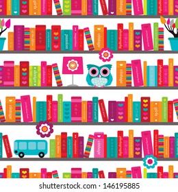 Seamless book shelve and interior illustration background pattern in vector