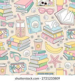 Patrón de verano libresco sin fisuras con libros apilados Gafas de sol Bebidas Conchas de mar y playa pastel Ilustración de estilo de vida