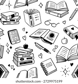 Padrão de doodle de livros sem costura. Pilha de livros e óculos de leitura para papel de parede de biblioteca, fundo têxtil de educação e embalagem literária. Mão desenhada telha vetorial para bandeira da escola.