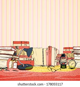 Seamless books reading border with glasses lamp and clock vector illustration