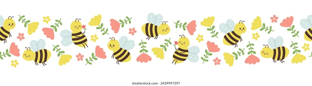 Borde sin costura de abejas lindas y flores sobre fondo blanco. Plantilla para postal, tarjeta, impresión. Ilustración de vector