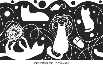 Seamless border with abstract cats and thread