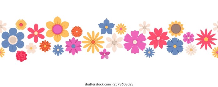 Seamless border from abstract flowers, top view. Spring flora. Flat vector illustration on white background