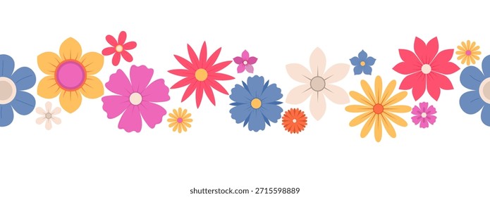 Borde sin fisuras de flores abstractas, vista superior. Flora de primavera. Ilustración vectorial plana sobre un fondo blanco