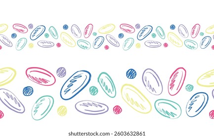 Seamless border with abstract round and oval figures in bright brush stroke texture isolated on white. Hand drawn vector sketch illustration in vintage charcoal ink. Abstract background, doodle print