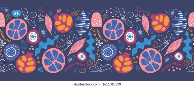 Seamless border abstract tropical leaves and fruit. Repeating pattern with stylized foliage fruit halves and shapes. Blue, yellow, orange pink white summer design. Use for banner, header, footer