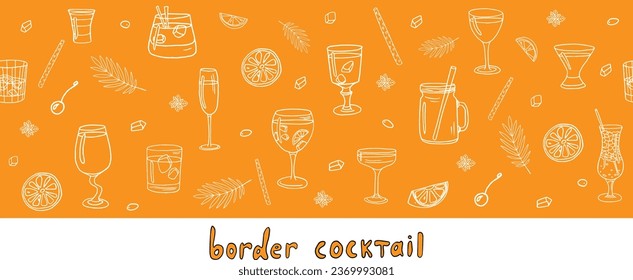 Seamless border with acoholic and non-acoholic cocktail, lemon slices, mint, ice cubes. Great for decoration interior, print posters, banner, menu design, packaging. Isolated on black. Doodles