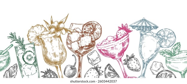 Seamless border of alcoholic cocktails, vector illustration in sketch style