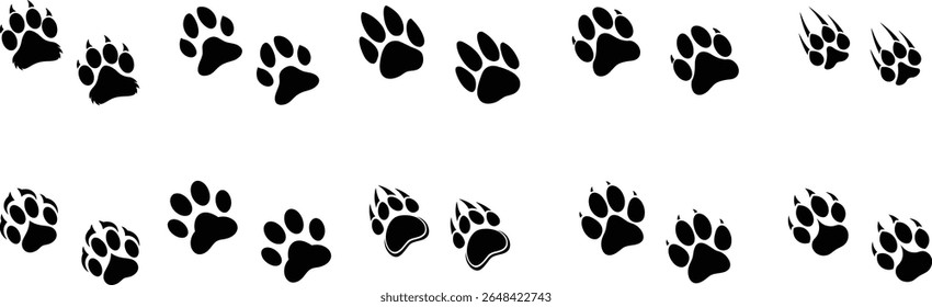 Seamless Border of Animal Paw Tracks – Black Pet Footprints Pattern Ideal for Design, Decoration, or Craft Projects – Vector Divider for Dogs, Cats, Wildlife, and Nature Themes