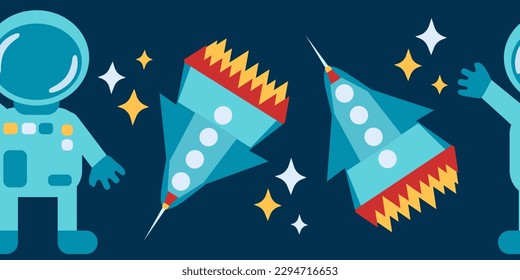 Seamless border of astronaut, rocket and stars on dark blue background. Cartoon vector illustration. Space elements.