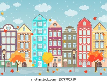 Seamless border of autumn colorful houses, trees and dripping rain, exterior urban landscape, city background. European facades in row, fallen leaves and puddles. Flat drawing, vector illustration